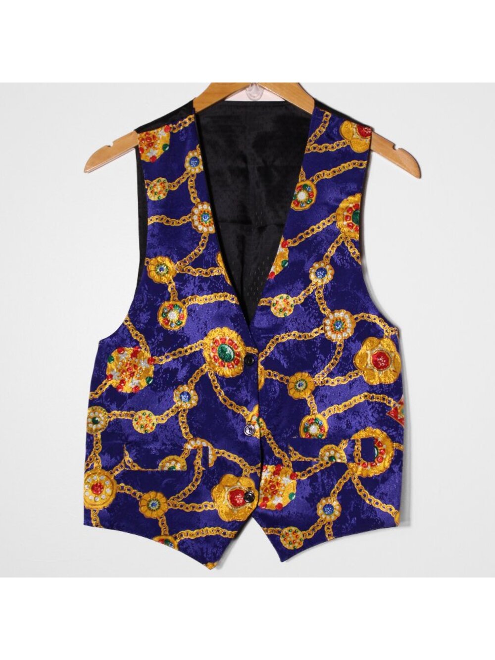 Vintage 80s 90s Chain Link Print Satin Vest Maximalist Statement Gold Jewel M/L